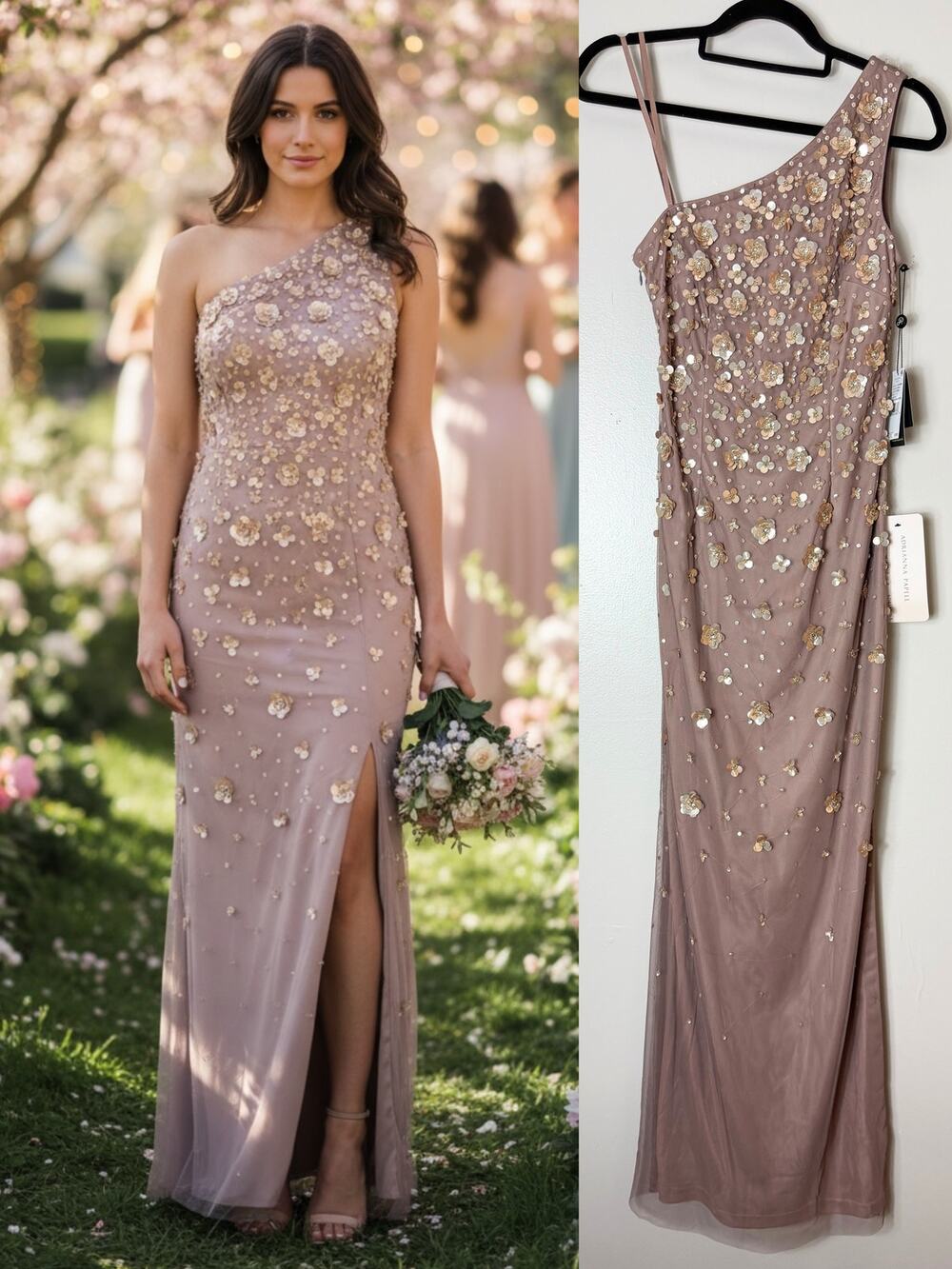 BHLDN ADRIANNA PAPELL NWT DRESS 2 WEDDING GUEST SEQUIN BEADED 3D FLOWERS FORMAL